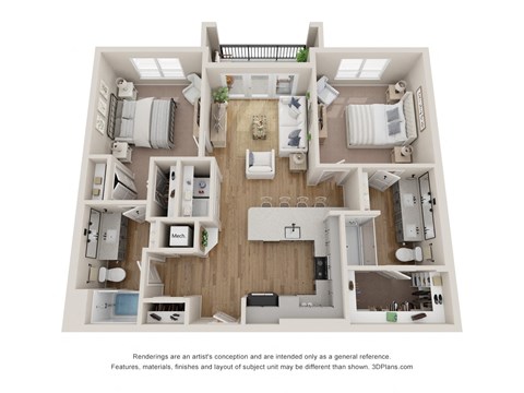 Floor plan for 2 beds, 2 baths, 1095 sqft